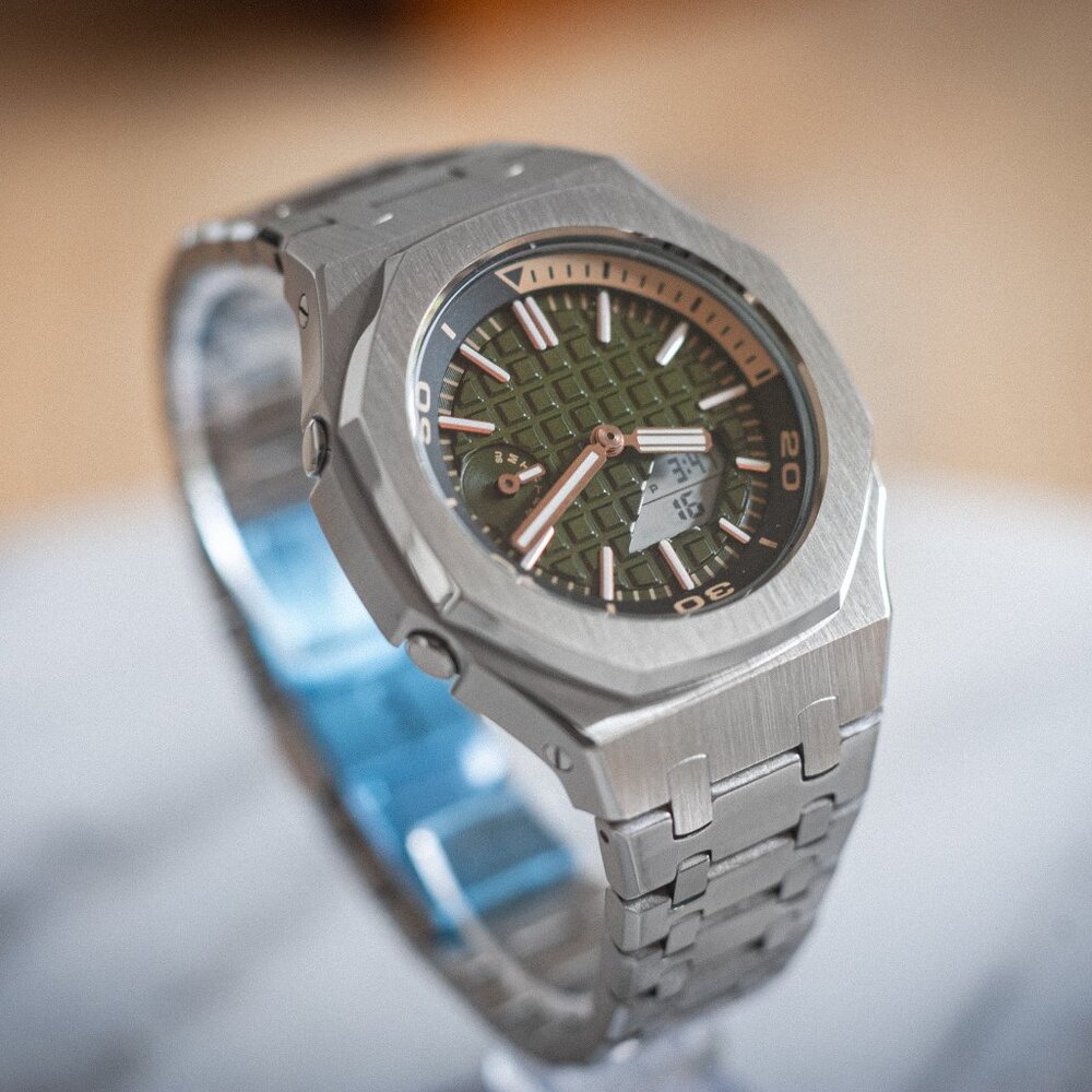 (Brand New) Casio G-Shock GA2100 Full Mod Stainless Steel with Green Waffle Face